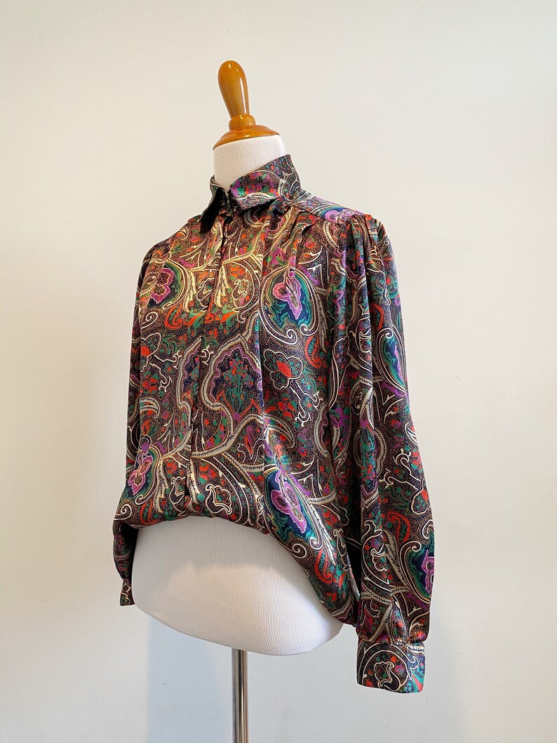 Vintage 80\u2019s paisley print button up blouse silky satin puff bishop sleeve blouse 70\u2019s