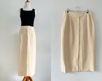 Vintage 1990s high waist button front silk maxi skirt | cream ivory off winter white midi skirt minimalist simple classic skirt 90s pencil