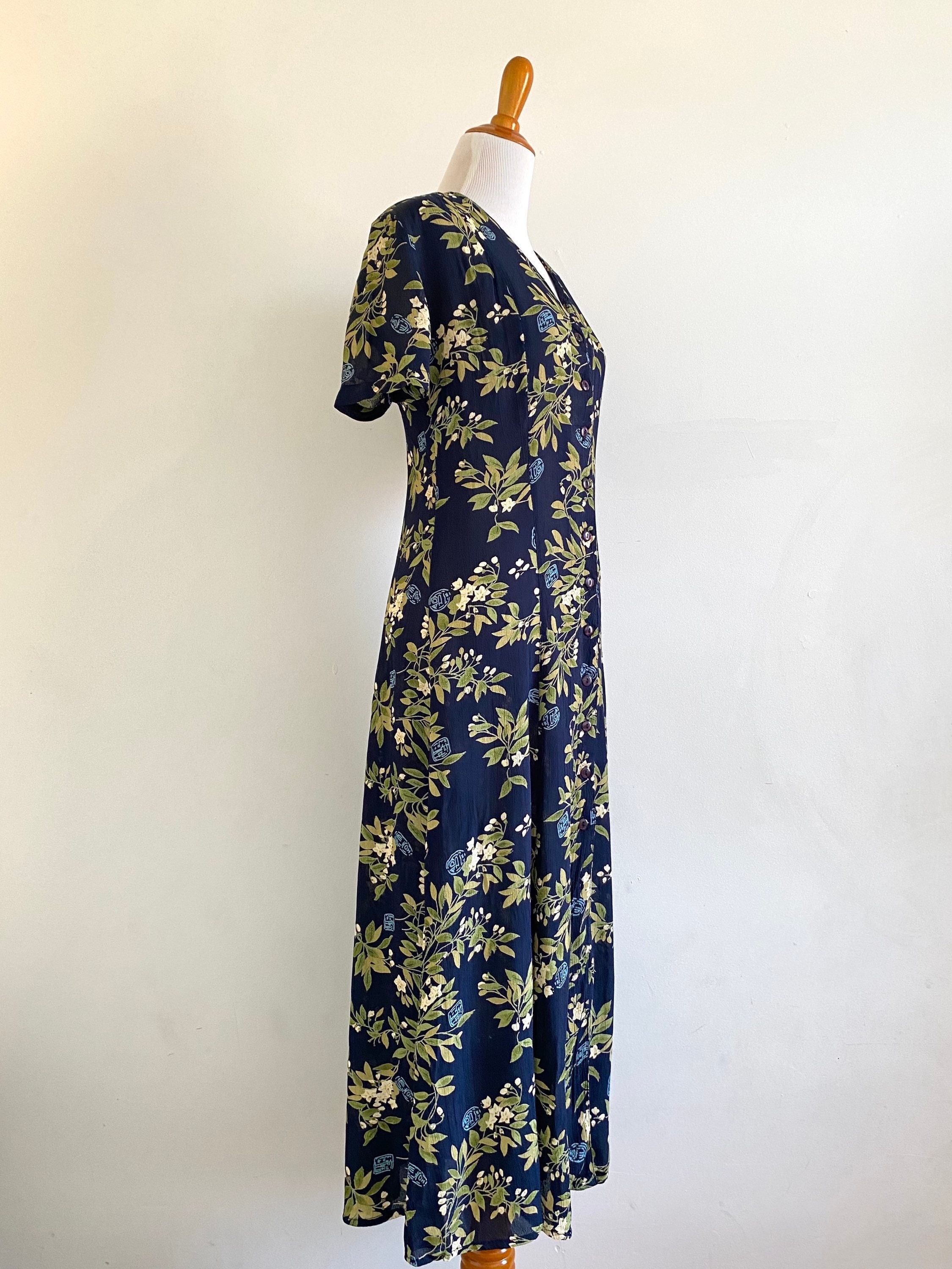 Vintage 90s Botanical Print Midi Maxi Dress Dark Floral Print Dress ...