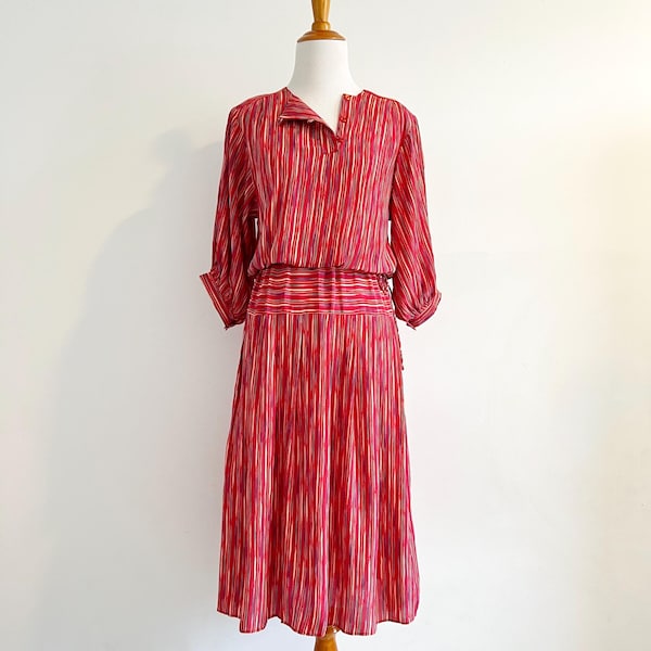 Vintage 70s Annemarie Gardin Red Rainbow Stripe Midi Dress – 80s Folk Peasant Sleeve Blouson Tie Waist Secretary