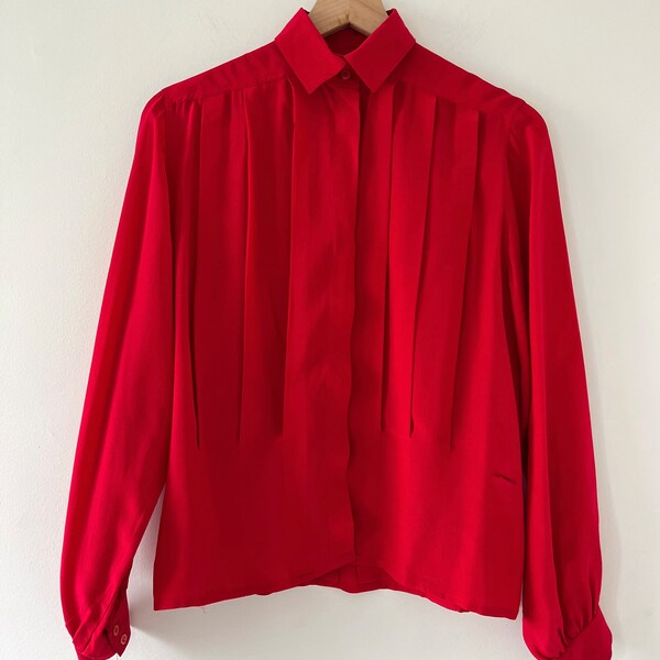 Vintage 1990s pleated front silk blouse cuffed bishop sleeve vibrant bright red 1980s blouson volume dramatic top collared high neck