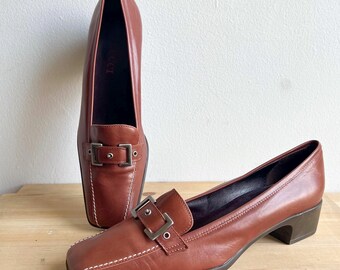 Vintage 90s Y2K square toe leather loafers low block heel rubber sole slip on buckle strap cognac tan brown size 7.5 made in Italy