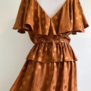 Vintage Albert Capraro Silk Geometric Print Midi Dress, 80s does 40s Style Peplum Ruffle Sleeves, Bronze Brown