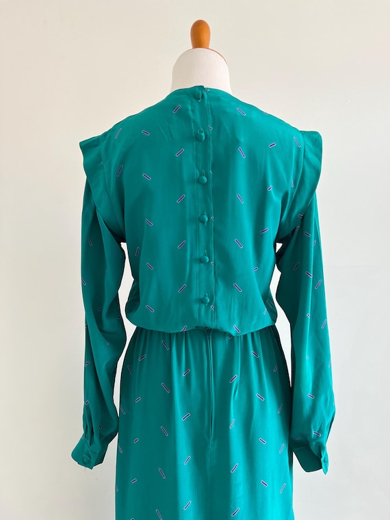 Vintage 80s Teal Silk Geometric Print Midi Dress, Puff Sleeve Button Back Academia 40s Style