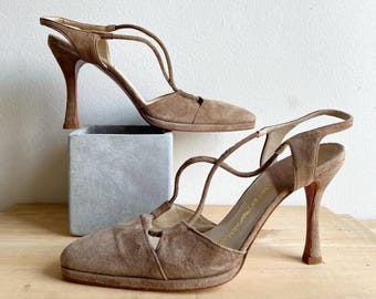 Vintage 90s Emporio Armani almond toe suede leather strappy slingback heels simple minimalist neutral khaki tan beige size 38 Made in Italy