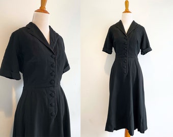 Vintage 1950s Nat Kaplan Couture Black Shirt Dress | ShirtDress 40s 50s fit and flare wool crepe small medium preppy new look short sleeve