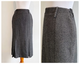 Vintage 80s Basile wool trumpet skirt | high waist kick pleat midi skirt | gray black herringbone striped tweed wool 90s designer minimalist