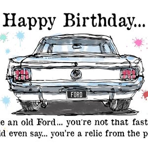 Old Ford Mustang Birthday Card - Gazza Miller Art
