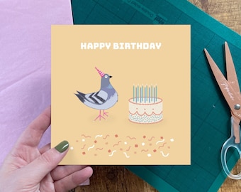 Pigeon Happy birthday card, Birthday card, Greetings Card, pigeon illustration, Happy birthday, animal card, handmade square card