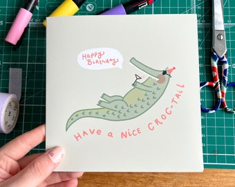 Happy birthday card, Birthday card, Crocodile Card, crocodile illustration, Happy birthday, animal card, handmade square card