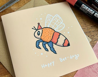 Bee Happy birthday card, Birthday card, Bee Card, Bee illustration, Happy birthday, animal card, handmade square card