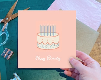 Happy birthday Card card, Birthday card, Greetings Card, Cake illustration, Happy birthday, handmade square card