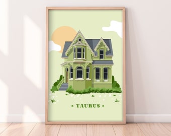Taurus inspired home print, Star sign gifts, Taurus Art, Building illustration art print, Star sign poster, Zodiac artwork