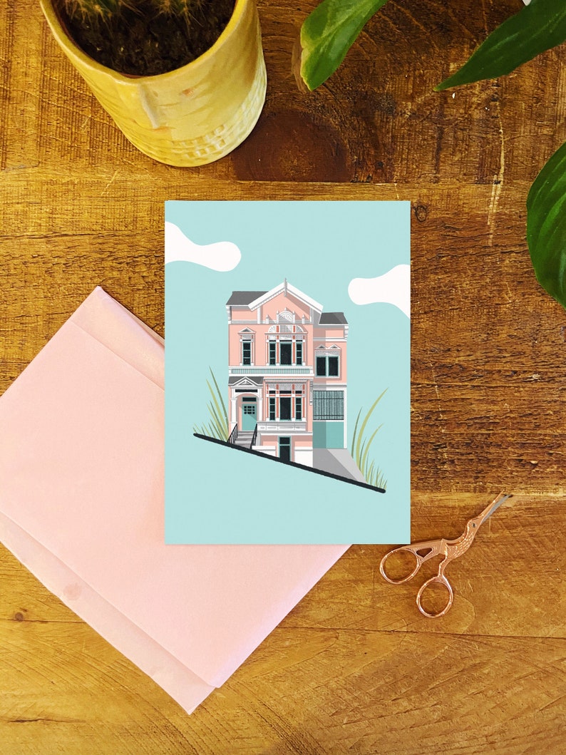 Blue House A5 Print, Housewarming print, cute pastel building wall art, building illustration, architecture print image 1