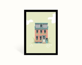 Green house A5 Print, Housewarming print, cute pastel building wall art, building illustration, architecture print