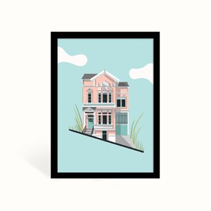 Blue House A5 Print, Housewarming print, cute pastel building wall art, building illustration, architecture print image 2