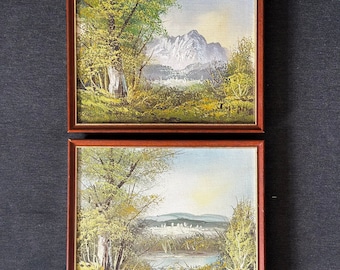 Handmade Original Vintage Natural Landscape Framed Paintings, Set of 2.