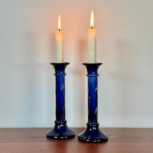 Vintage handblown blue glass candlestick holders, Set of 2.