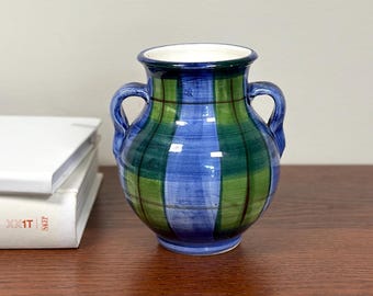 Handmade Vintage Ceramic Vase with Blue & Green Check Glaze, Made in the UK.