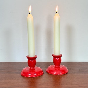 Vintage Red Wooden Candlestick Holders, Set of 2