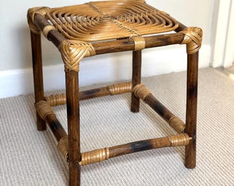 Vintage Hand-Woven Cane, Wood & Bamboo Square Stool