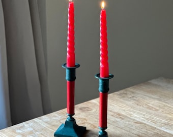 Vintage Red and Green Festive Candlestick Holders, Metal & Wood – Made in the UK