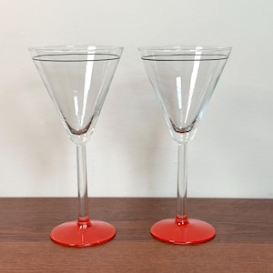 1980s Martini Glasses – Red Base & Black Rim Detail, Set of 2 Vintage Glassware
