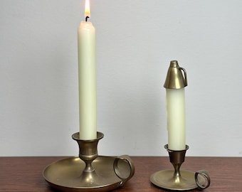 Vintage Brass Chamberstick Candle Holders with  Drip Trays, Loop Handles & Snuffer.