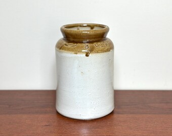 Vintage English Earthenware Storage Jar – Dual-Tone Salt Glazed Ceramic – Traditional Rustic Pottery.