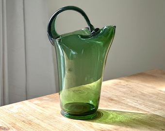 Hand-blown green glass vintage pitcher vase. Made in Italy.