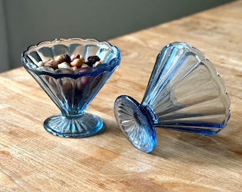 Vintage Blue Handblown Glass Ice Cream Coupes / Stemmed Bowls – Set of 2