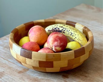 Mid Century Wooden Patchwork Bowl, Made in the UK, c. 1960s, Vintage Home Decor.