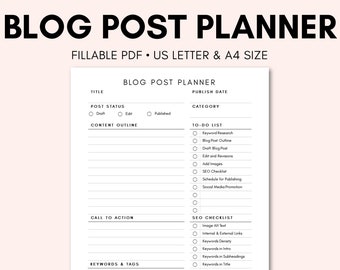 Blog Post Planner | Blogging Planner | Blog Post Checklist Template | Fillable PDF | Printable Worksheet |  US Letter and A4