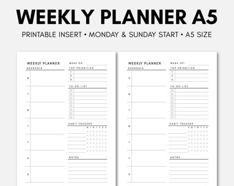 A5 Weekly Planner | A5 Weekly Printable | A5 Weekly Inserts | A5 Filofax Printable | A5 Weekly Schedule | A5 Printable Inserts