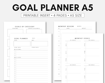 May include: A printable goal planner in A5 size with four pages. The planner includes sections for goals by category, monthly review, and monthly goals. The pages are black and white with a minimalist design.
