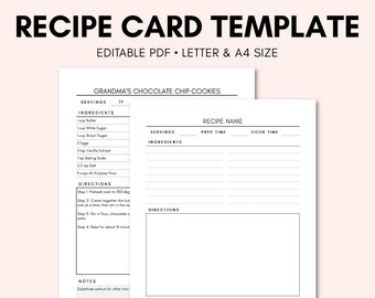 Plantilla de tarjeta de receta imprimible / Diario de recetas / PDF editable / Planificador de recetas / Inserto de carpeta de recetas / Descarga instantánea / Carta y A4