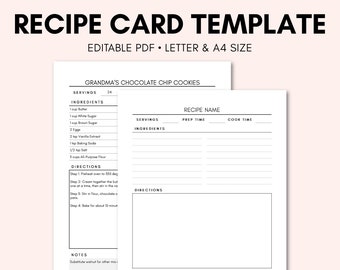 Printable Recipe Card Template | Recipe Journal | Editable PDF | Recipe Planner | Recipe Binder Insert | Instant Download | Letter & A4