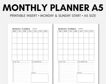 A5 Monthly Planner | A5 Monthly Printable | A5 Monthly Inserts | A5 Filofax Printable | A5 Monthly Calendar | A5 Printable Inserts