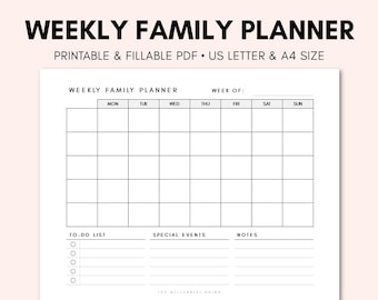 Weekly Family Planner  | Printable | Instant PDF Download | Fillable PDF | US Letter & A4 Size | Family Calendar | To-Do List  | Chores List