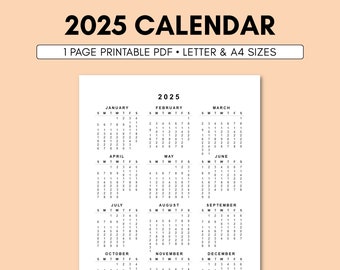 2025 Calendar Printable | 2025 Calendar Template | 2025 Calendar | 2025 Calendar Digital | 2025 Yearly Calendar | 2025 Calendar A4 Letter