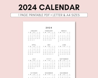 2024 Calendar Printable | 2024 Calendar Template | 2024 Calendar | 2024 Calendar Digital | 2024 Yearly Calendar | 2024 Calendar A4 Letter