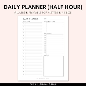 Tagesplaner (halbe Stunde) | Tageskalender | Tagesablauf | To-Do Liste | Sofort Download | Ausfüllbare PDF | Digitaler Planer | Ausdrucke