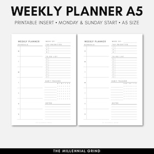 A5 Weekly Planner, Printable Planner Inserts, Week on One Page, A5 Planner  Refill, GM Agenda Refill, Hobonichi Weeks Style, Planner Pages 