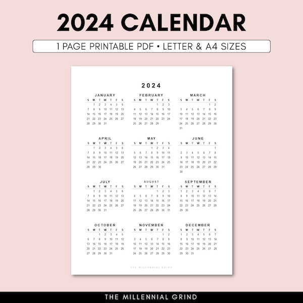 2024 Calendar Printable | 2024 Calendar Template | 2024 Calendar | 2024 Calendar Digital | 2024 Yearly Calendar | 2024 Calendar A4 Letter