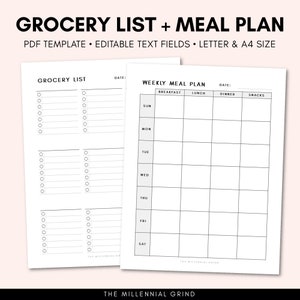 Grocery List Printable | Meal Planner Printable | Grocery List Template | Meal Plan Template | Meal Planner & Grocery List | Editable PDF