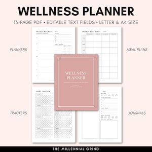 Wellness Planner | Health & Fitness Printables | Self-Care Printables | Habit Tracker | Mood Tracker | Wellness Printables | Editable PDF