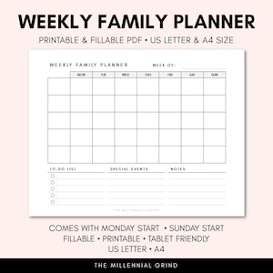 Planificador familiar semanal / Imprimible / Instant PDF Descargar / Pdf rellenable / Carta de EE. UU. & A4 Tamaño / Calendario familiar / Lista de tareas pendientes / Lista de tareas