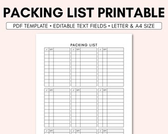 Packing List Printable | Packing List Template | Packing List Editable PDF | Travel Planner Printable | Travel Planner Insert | VacationPlan