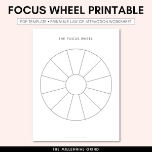 May include: A printable focus wheel worksheet with the text "THE FOCUS WHEEL" at the top and "THE MILLENNIAL GRIND" at the bottom. The wheel is divided into 12 sections.