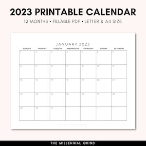 May include: A printable calendar for the year 2023. The calendar is in black and white and features the month of January. The calendar is designed to be filled in by hand and includes the days of the week, dates, and a space for notes.